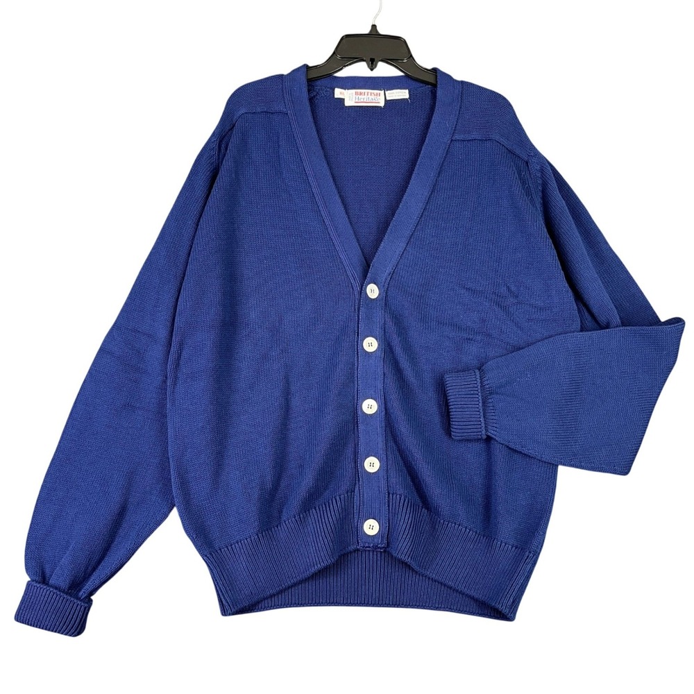 Vintage 90s British Heritage Cardigan Sweaters XL Men Made In England Royal Blue